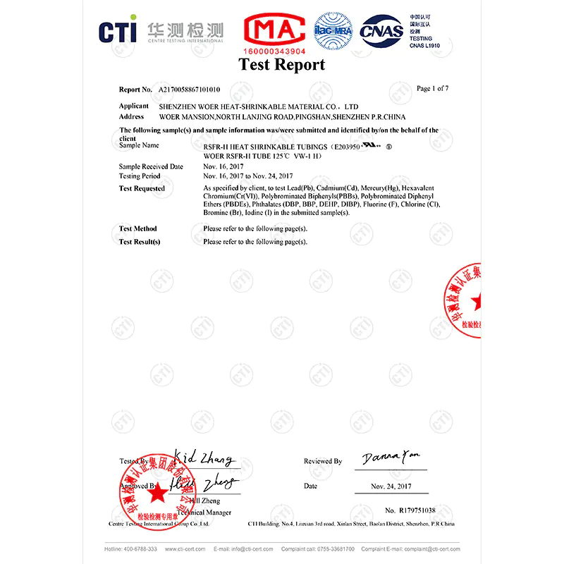 Rohs Certificate for the heat shrinkable tubing
